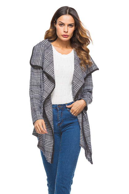 Women Plaid Turnover Collar Woolen Overcoat