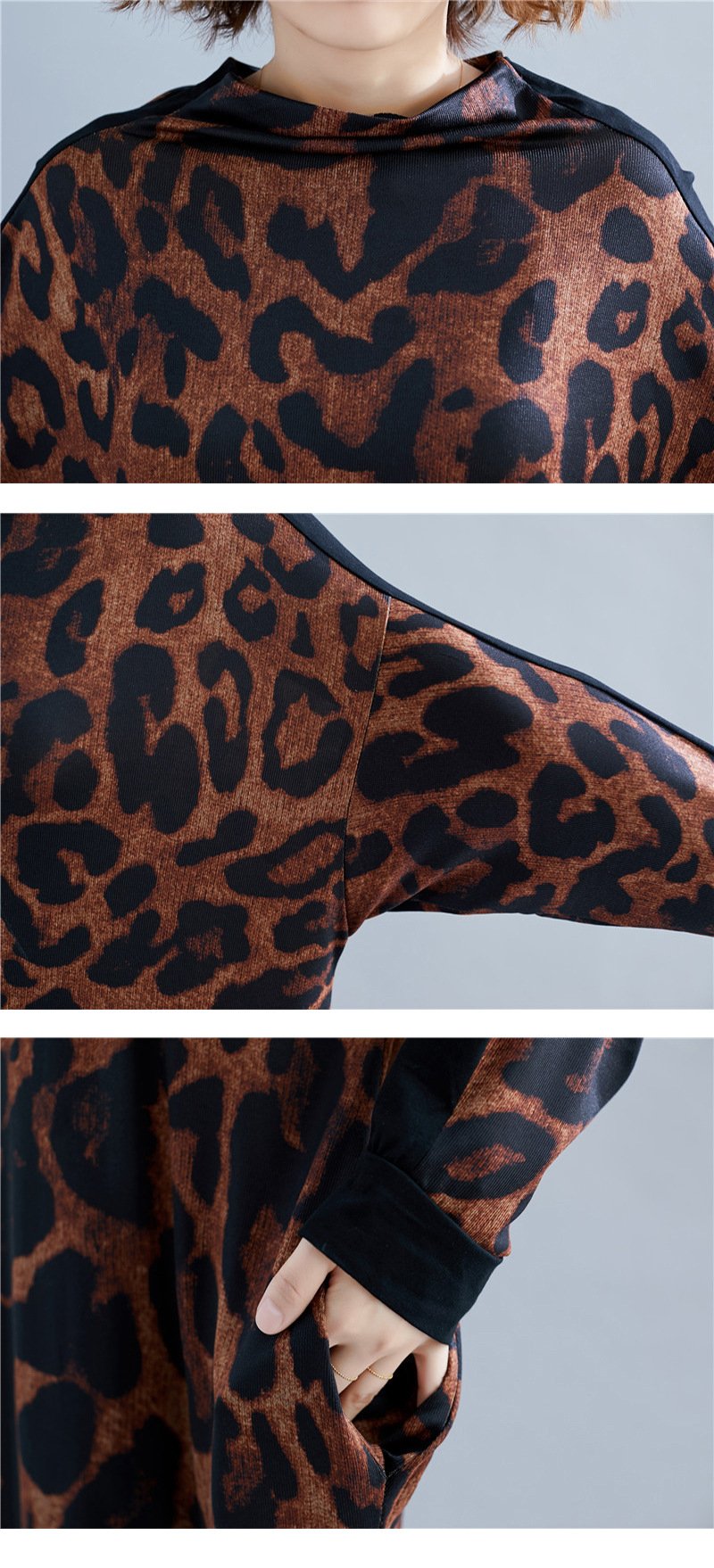 Fall High Neck Leopard Plus Size Long Dresses-STYLEGOING