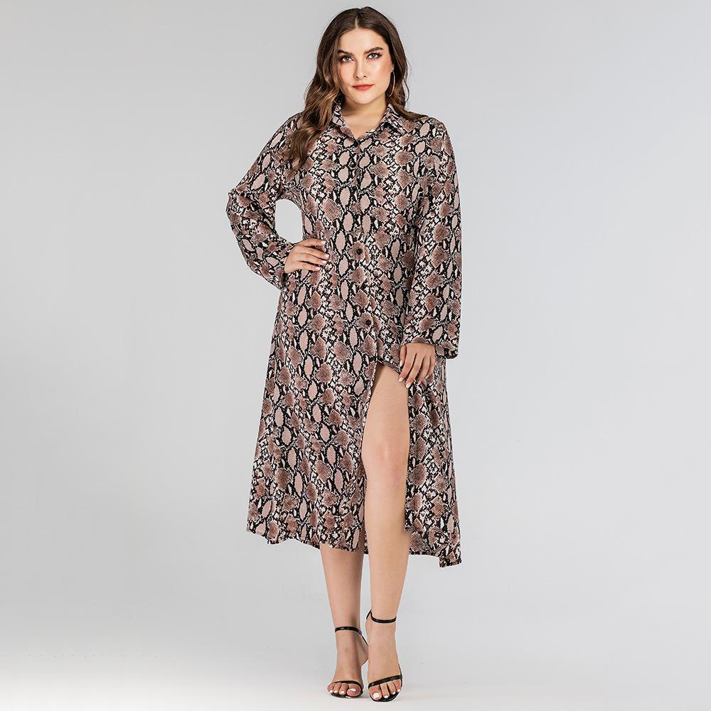 Women Fashion Casual Snake Print Split Fall Long Sleeve Dresses-STYLEGOING