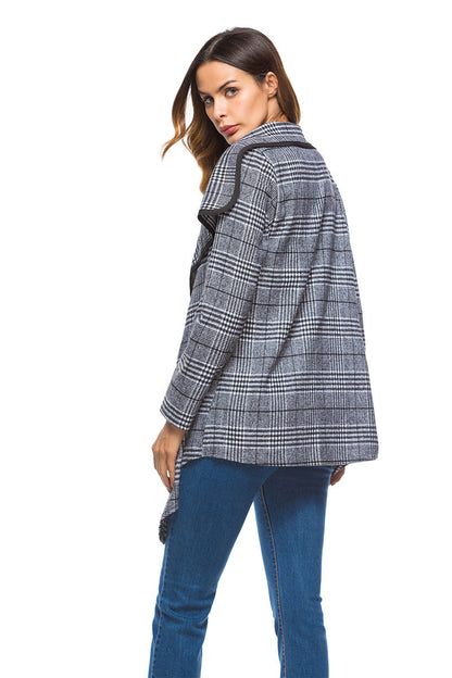 Women Plaid Turnover Collar Woolen Overcoat
