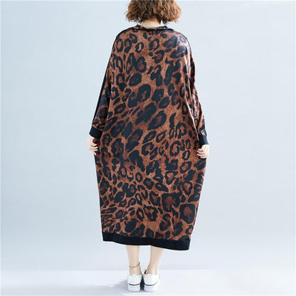 Fall High Neck Leopard Plus Size Long Dresses-STYLEGOING