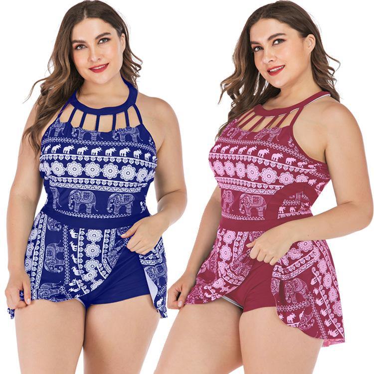 Women Plus Sizes Elephant Print Swimsuit-STYLEGOING