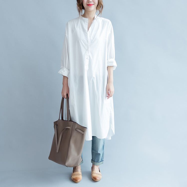 White Round Neck Long Shirt Dresses