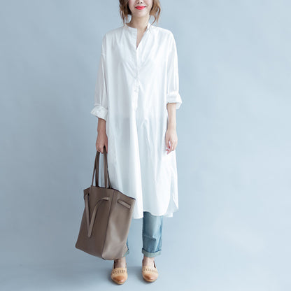 White Round Neck Long Shirt Dresses