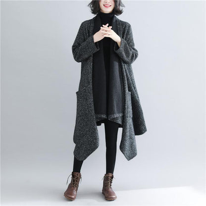 Black Women Plus Size Loose Long Overcoat-STYLEGOING