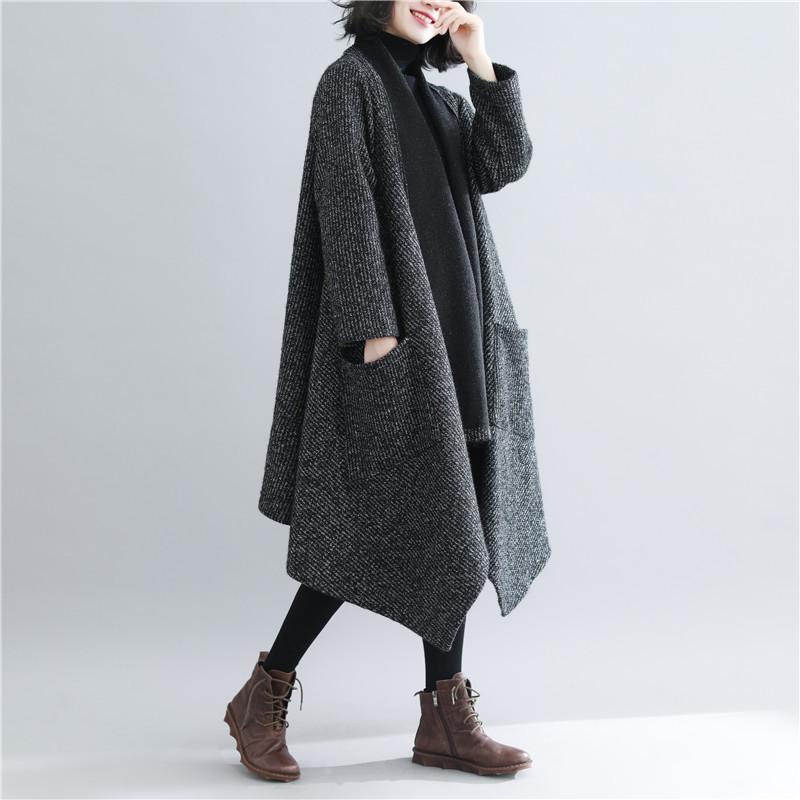 Black Women Plus Size Loose Long Overcoat-STYLEGOING