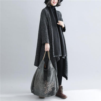 Black Women Plus Size Loose Long Overcoat-STYLEGOING