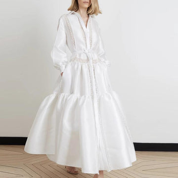 White New Sexy Deep V Neck Long Dresses-STYLEGOING