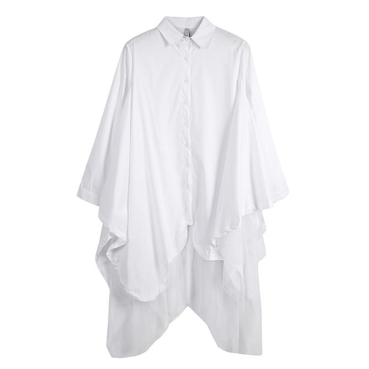 Women Turnover Collar Irregular Net Fall Shirt Dresses
