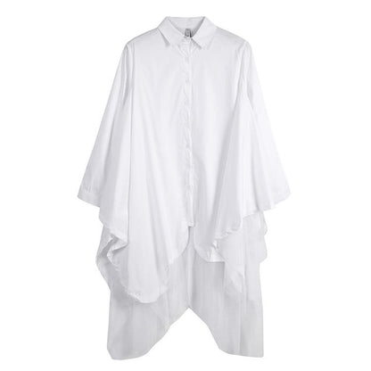Women Turnover Collar Irregular Net Fall Shirt Dresses