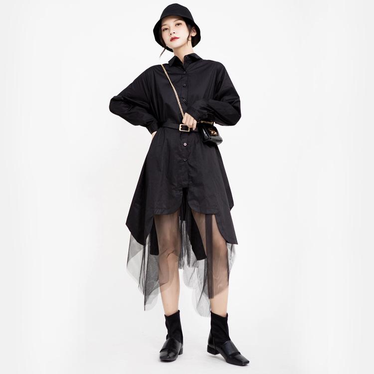 Women Turnover Collar Irregular Net Fall Shirt Dresses