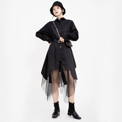 Women Turnover Collar Irregular Net Fall Shirt Dresses