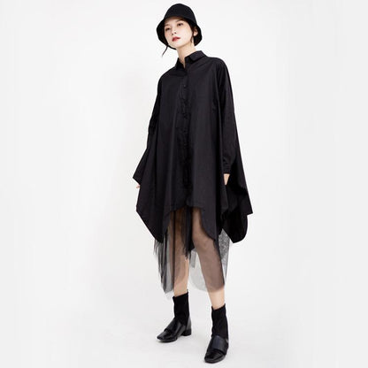 Women Turnover Collar Irregular Net Fall Shirt Dresses