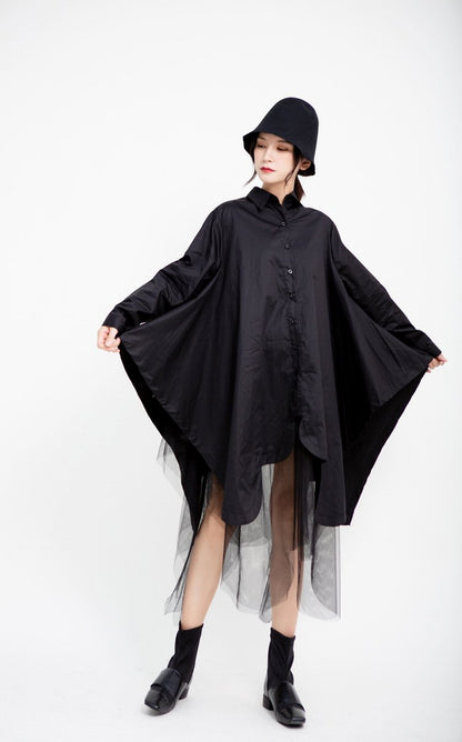 Women Turnover Collar Irregular Net Fall Shirt Dresses
