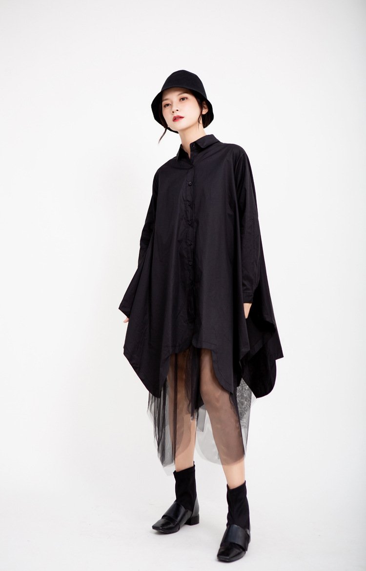 Women Turnover Collar Irregular Net Fall Shirt Dresses