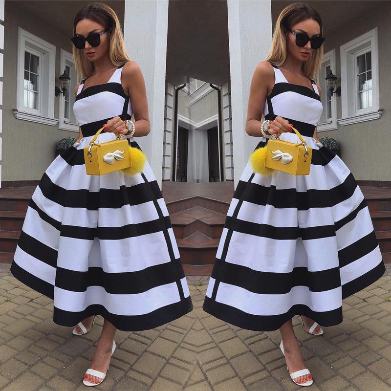 Summer Women Striped Strap Fashion Midi Dresses-STYLEGOING