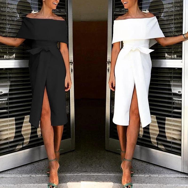 Sexy Classy Off The Shoulder Split Midi Dresses-STYLEGOING