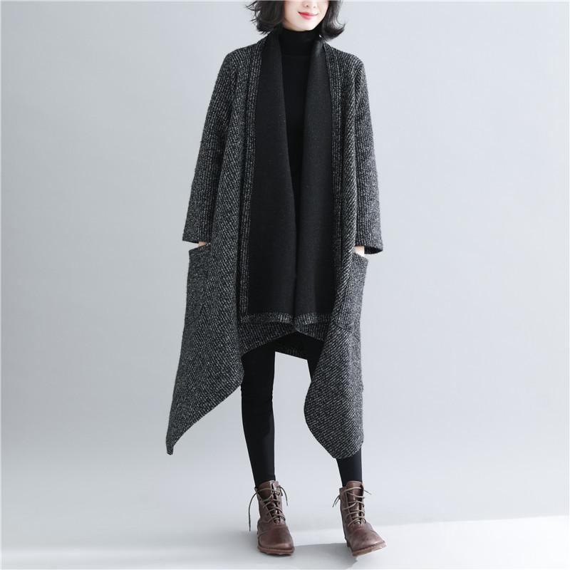 Black Women Plus Size Loose Long Overcoat-STYLEGOING