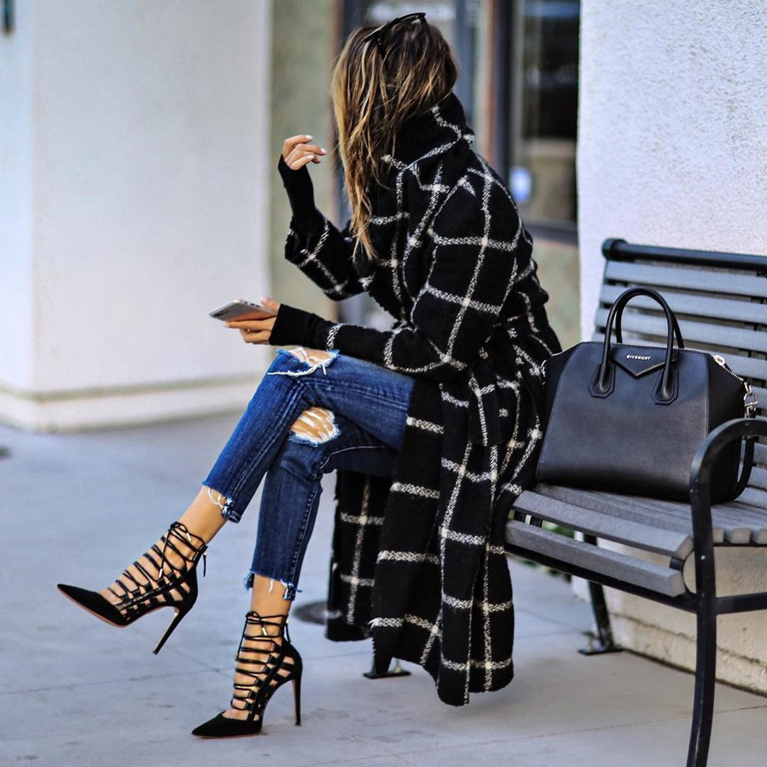 Black Plaid Long Overcoat for Winter-STYLEGOING