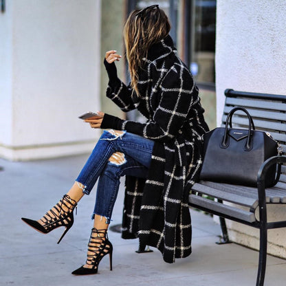 Black Plaid Long Overcoat for Winter-STYLEGOING