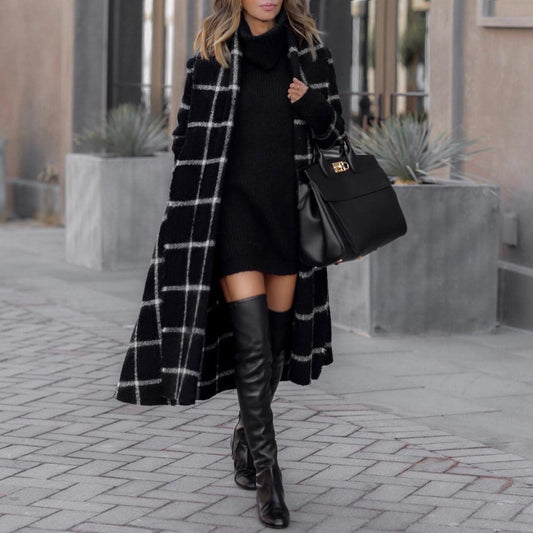 Black Plaid Long Overcoat for Winter-STYLEGOING