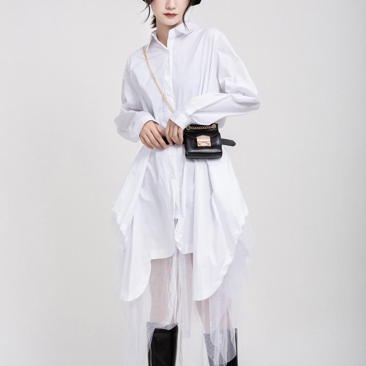 Women Turnover Collar Irregular Net Fall Shirt Dresses