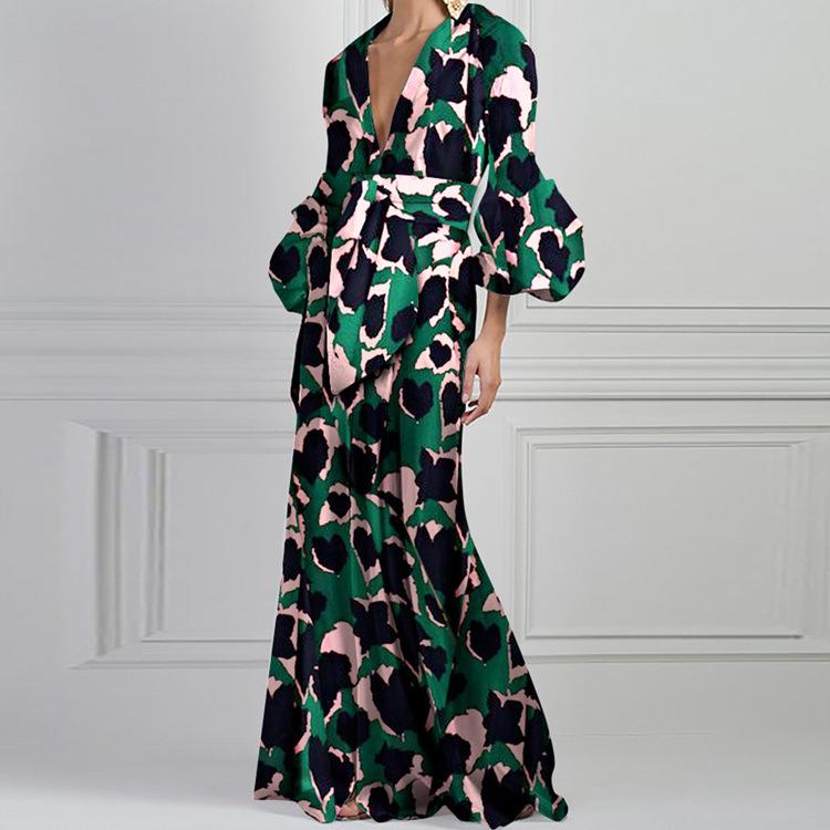 Women Floral Print Long Sleeves V Neck Long Dresses