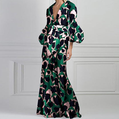 Women Floral Print Long Sleeves V Neck Long Dresses