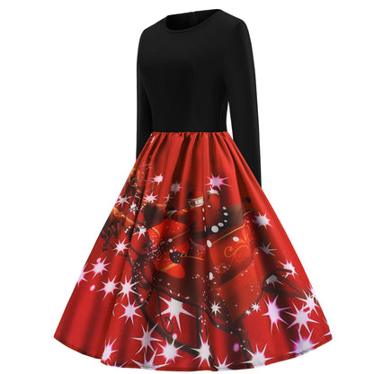 Merry Christmas Sled Round Neck Long Sleeves Women Dresses-STYLEGOING