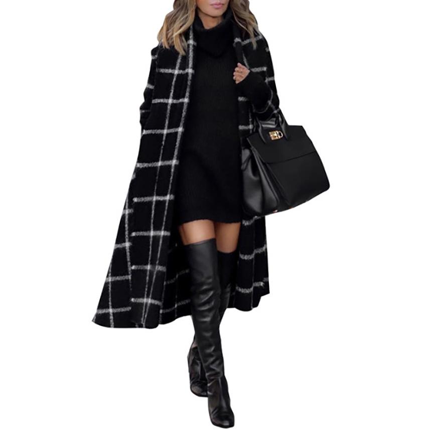 Black Plaid Long Overcoat for Winter-STYLEGOING