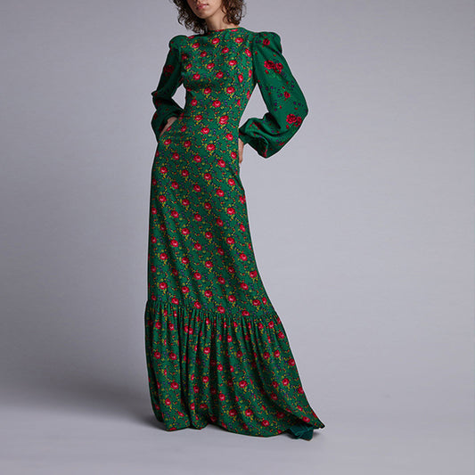 Green Puff Sleeves Long Sleeves Women Dresses