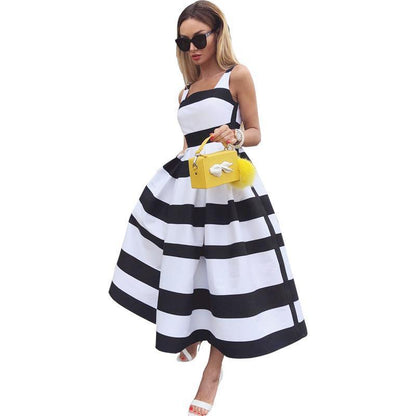 Summer Women Striped Strap Fashion Midi Dresses-STYLEGOING
