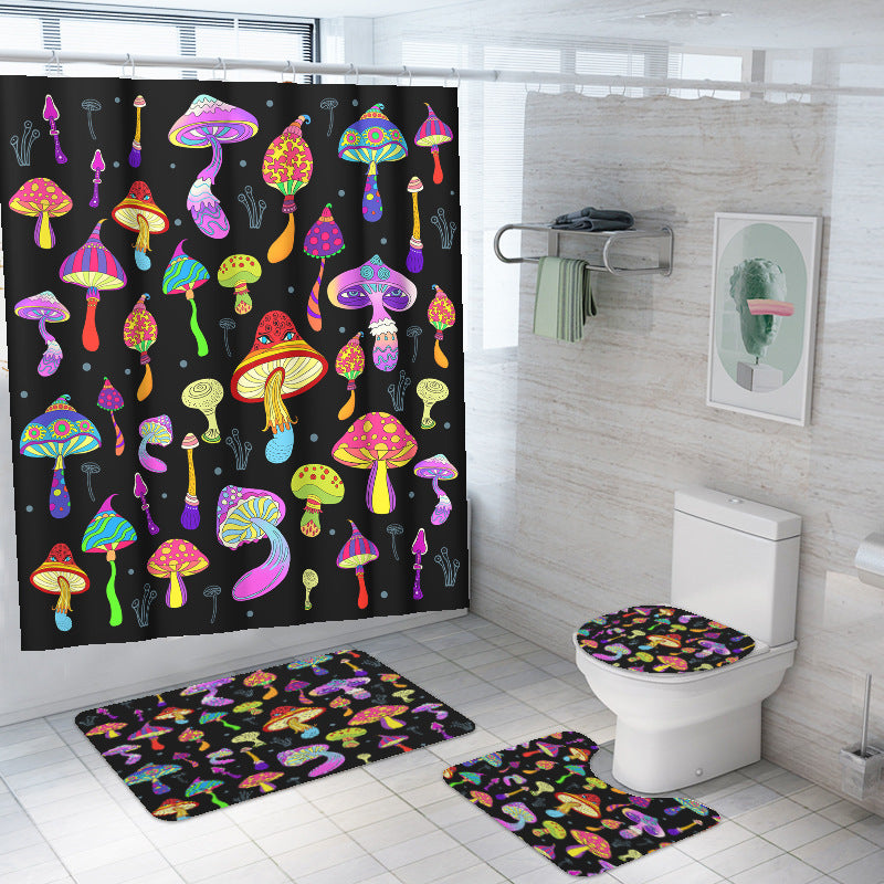 Red Rose&Butterfly Shower Curtain Sets Rug & Mat Non-Slip Toilet Lid Cover