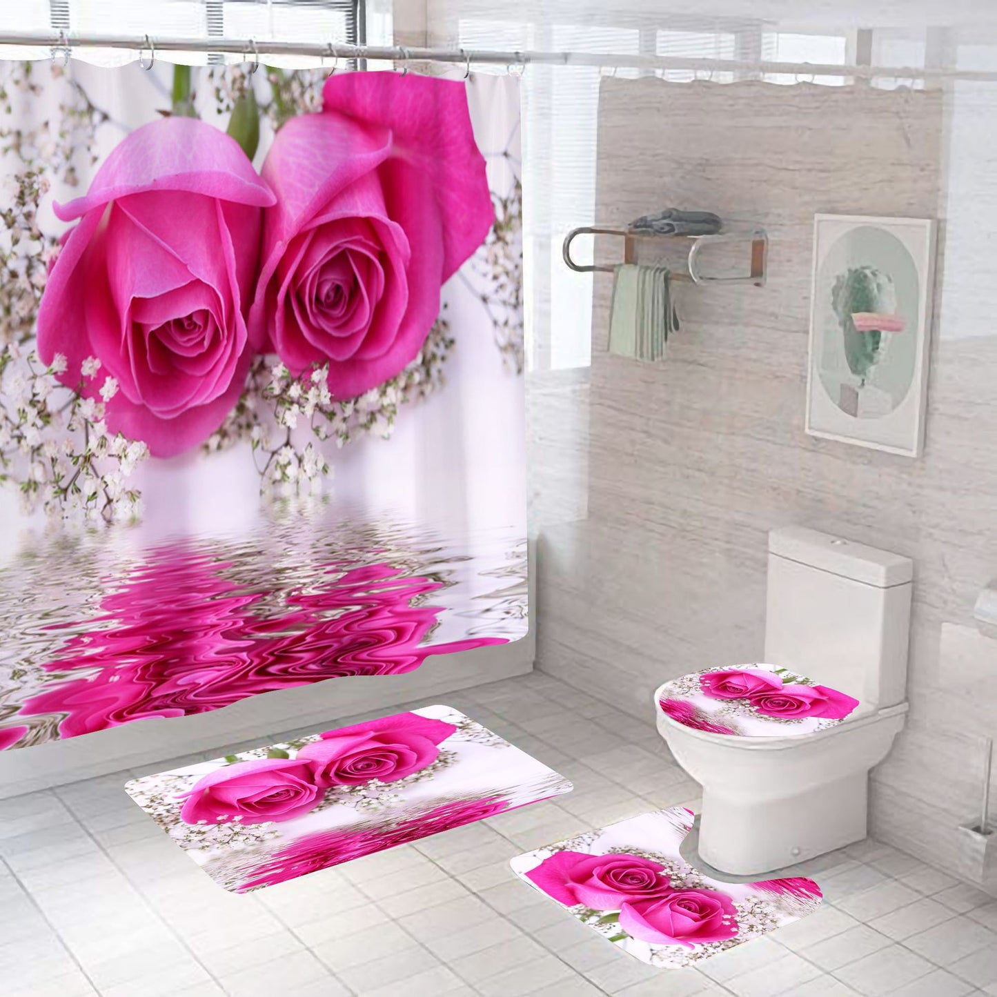 Rose Red Valentine's Day Bathroom Shower Curtain Sets with Rug