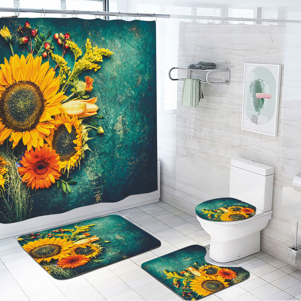 3D Sunflower Shower Curtain Set Bathroom Rug Bath Mat Non-Slip Toilet Lid Cover