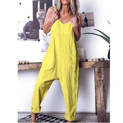 Women Linen High Waist Leisute Jumpsuits-STYLEGOING