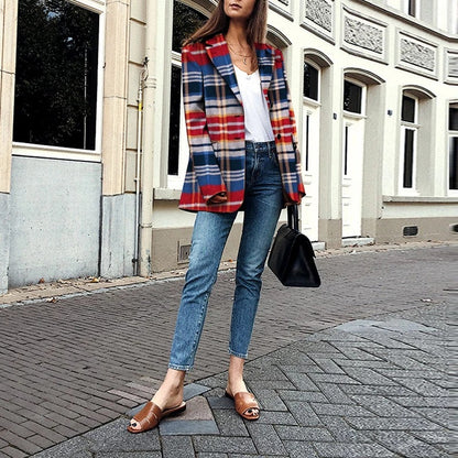 Women Plaid Red Blazer Overcoat