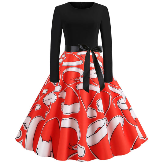 Red Women Long Sleeves Christmas Hat Print Winter Dresses-STYLEGOING