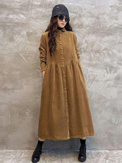 Vintage Solid Corduroy Lapel Dress-STYLEGOING