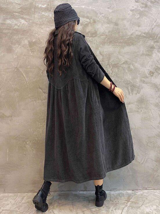 Vintage Solid Corduroy Lapel Dress-STYLEGOING