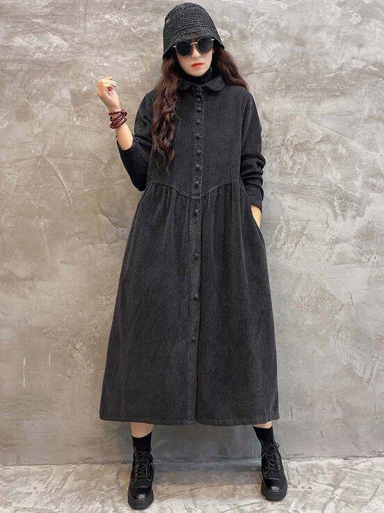 Vintage Solid Corduroy Lapel Dress-STYLEGOING