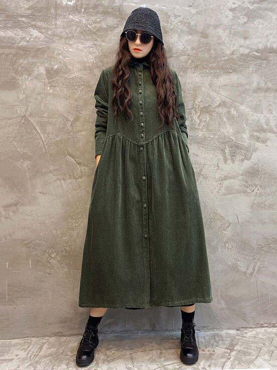 Vintage Solid Corduroy Lapel Dress-STYLEGOING