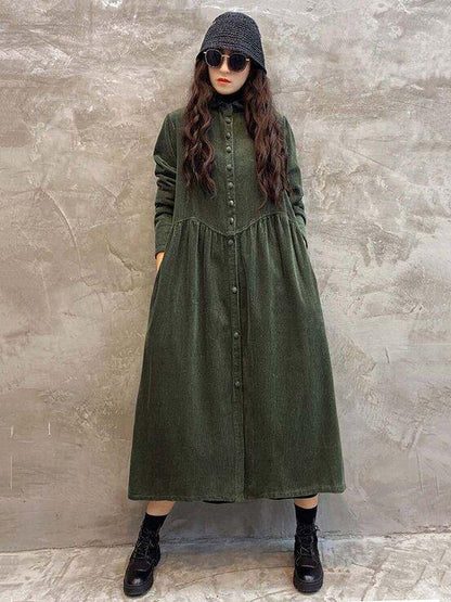 Vintage Solid Corduroy Lapel Dress-STYLEGOING