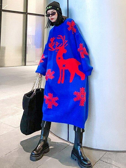 Christmas Elk Snowflake Sweater Dress-STYLEGOING