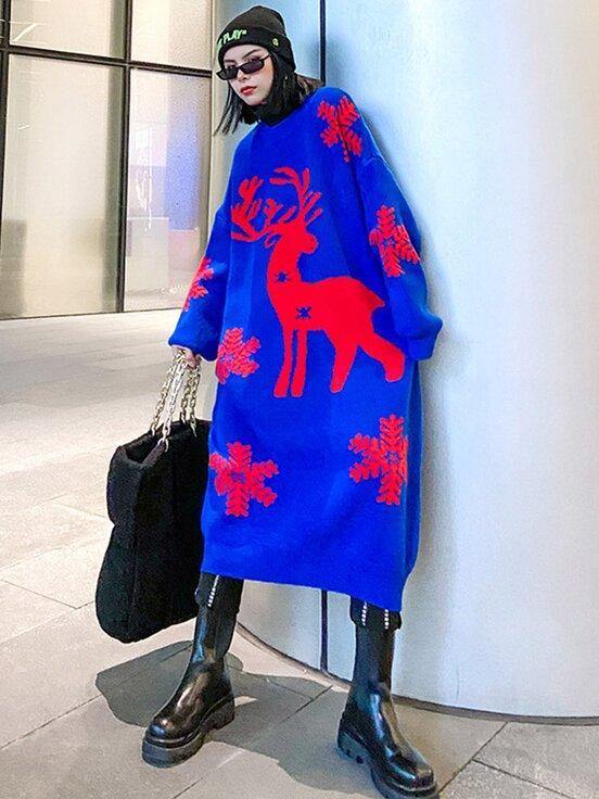 Christmas Elk Snowflake Sweater Dress-STYLEGOING