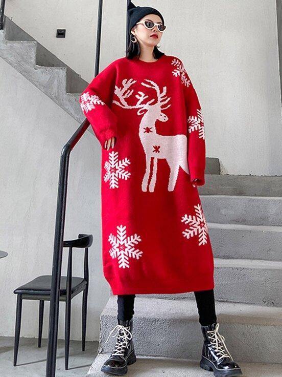 Christmas Elk Snowflake Sweater Dress-STYLEGOING