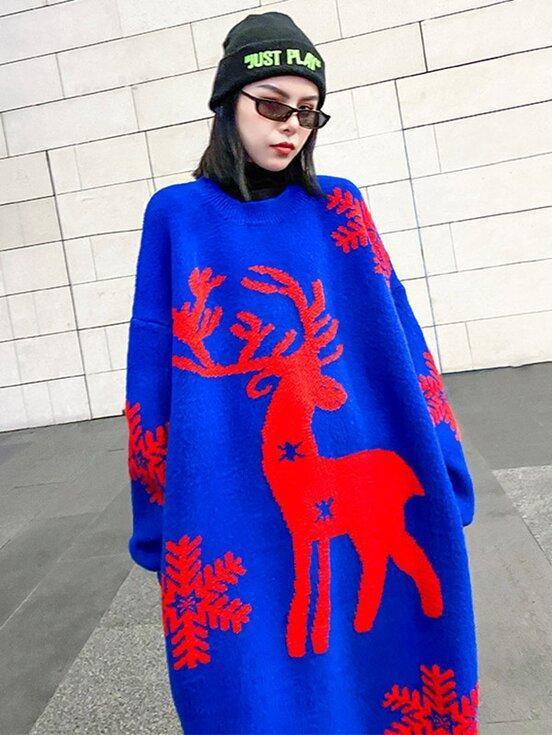 Christmas Elk Snowflake Sweater Dress-STYLEGOING