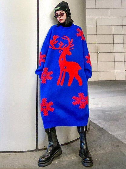 Christmas Elk Snowflake Sweater Dress-STYLEGOING