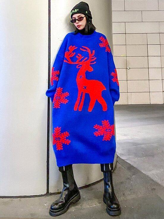 Christmas Elk Snowflake Sweater Dress-STYLEGOING