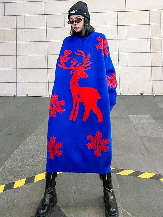 Christmas Elk Snowflake Sweater Dress-STYLEGOING
